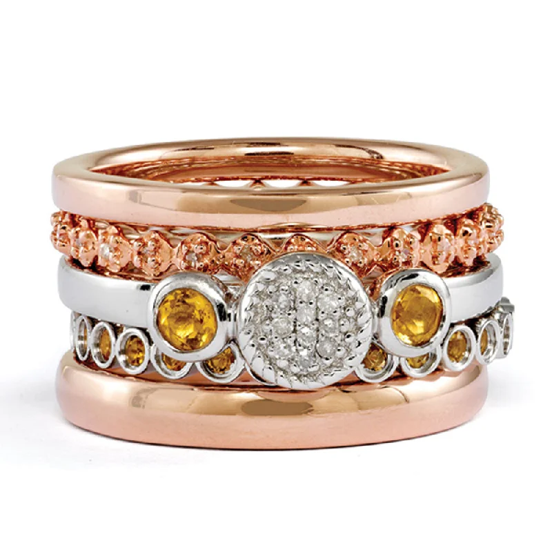 Luxury Wedding Rings for Women-14K Rose Gold Plated Silver, Citrine & Diamond Stackable Ring Set