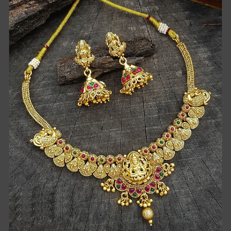 Modern Choker Necklaces-Sangita Creation  Copper Gold  Pota Stone Temple Long  Necklace Set