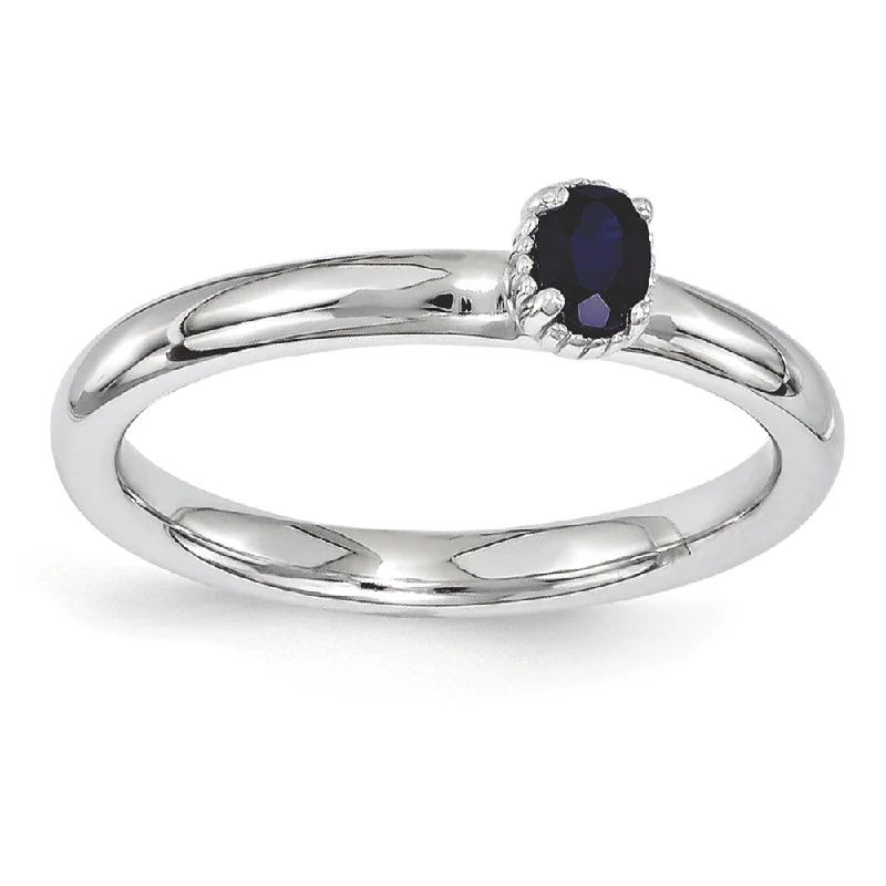 Bold Wedding Bands-Sterling Silver Stackable Created Sapphire Oval Single Stone Ring