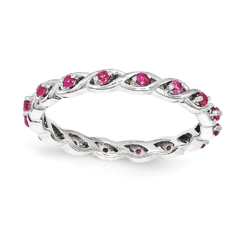 Beautiful Diamond Rings-2.5mm Rhodium Plated Sterling Silver Stackable Created Ruby Twist Band