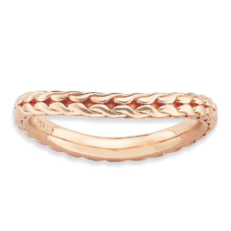 Stylish Wedding Rings-2.25mm Stackable 14K Rose Gold Plated Silver Curved Wheat Design Band