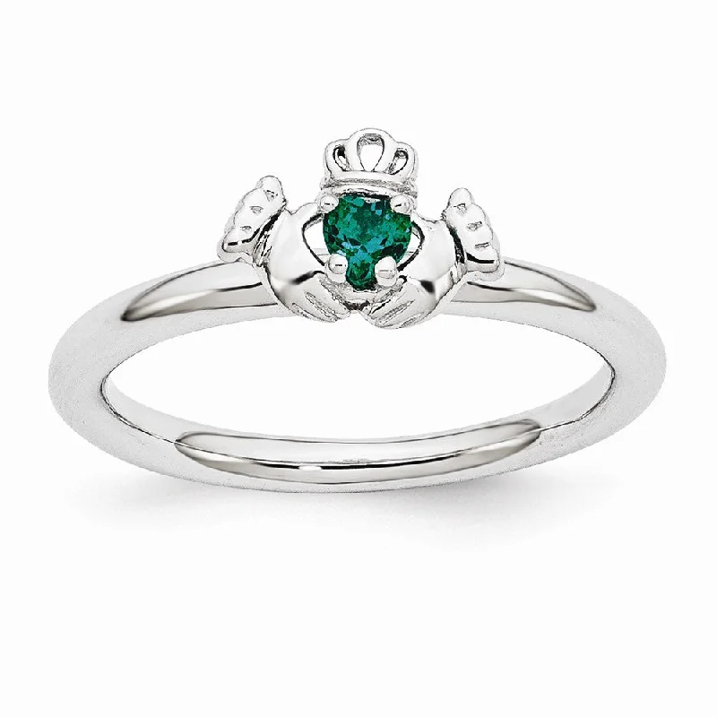 Elegant Wedding Bands-Rhodium Sterling Silver Stackable Created Emerald Claddagh Ring