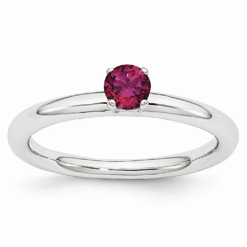 Antique Style Wedding Rings-Rhodium Plated Sterling Silver Stackable 4mm Round Created Ruby Ring