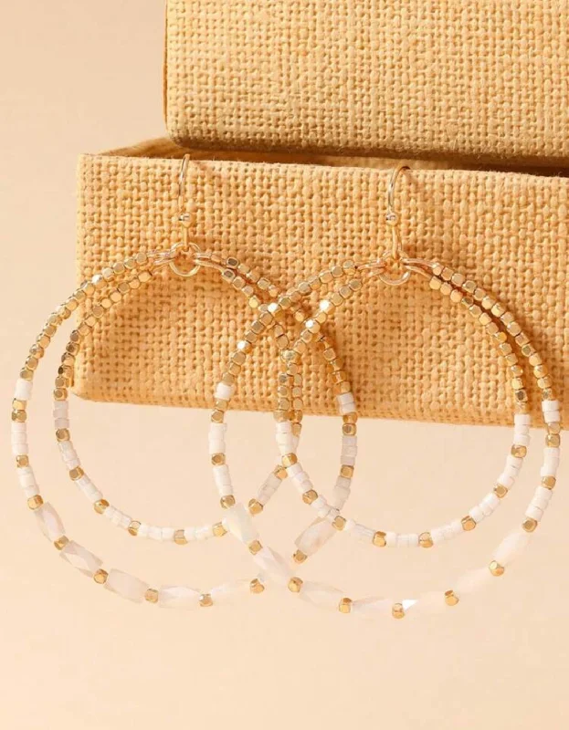 Statement Earrings-White and Gold Beaded Double Circle Earrings