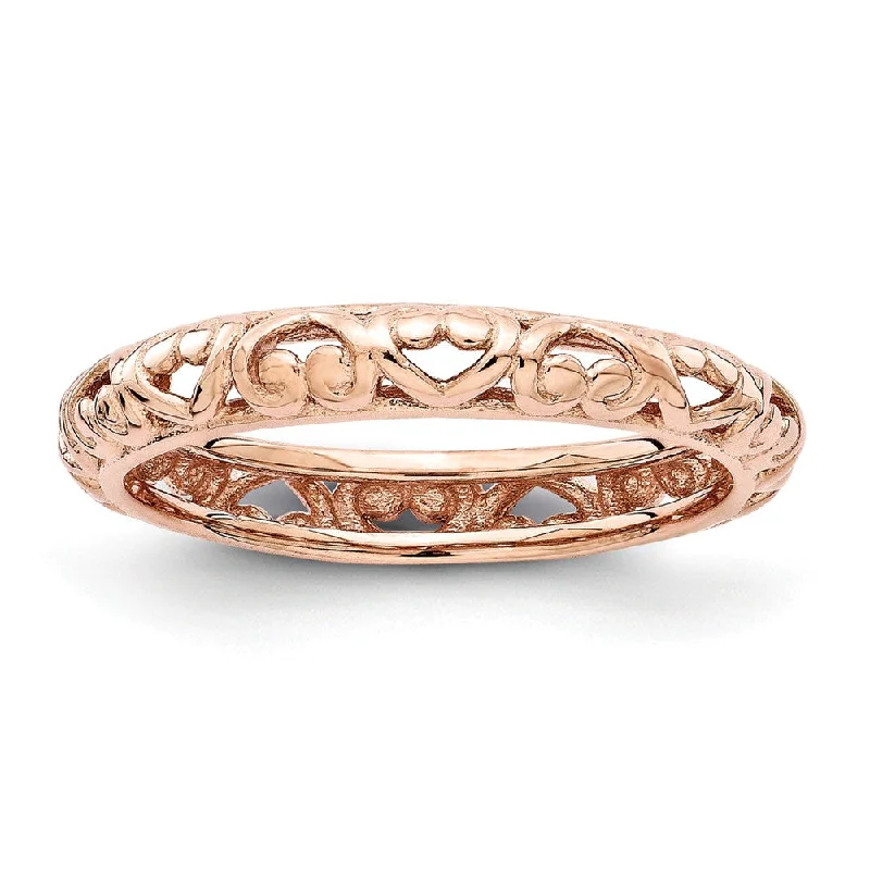 Unique Solitaire Rings-3.5mm Rose Gold Tone Sterling Silver Stackable Domed Carved Heart Band