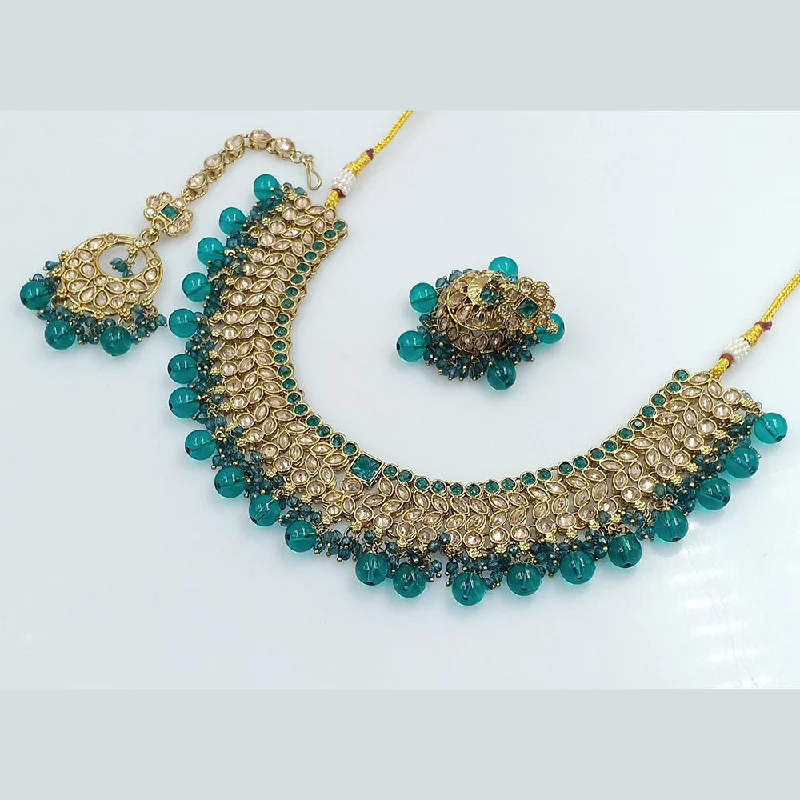 Stylish Gold Necklaces-Rajwadi Collection Gold Plated Crystal Stone And Beads Necklace Set