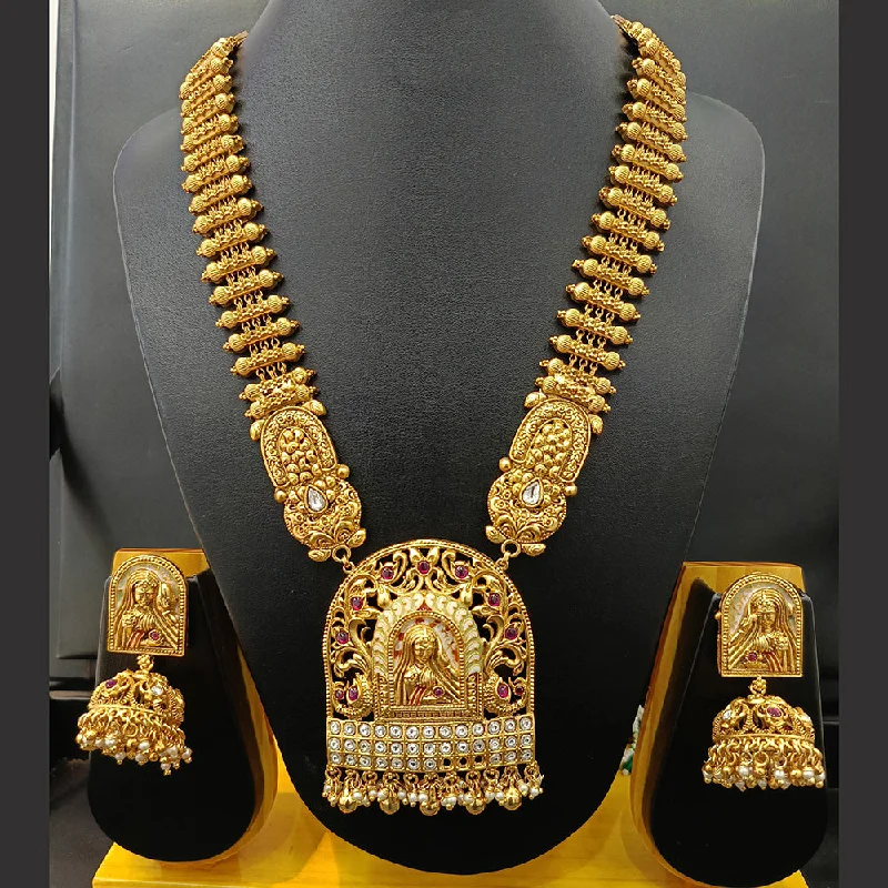 Stylish Pendant Chains-Jain Jewellers Gold Plated Kundan Stone And Meenakari Temple Long Necklace Set