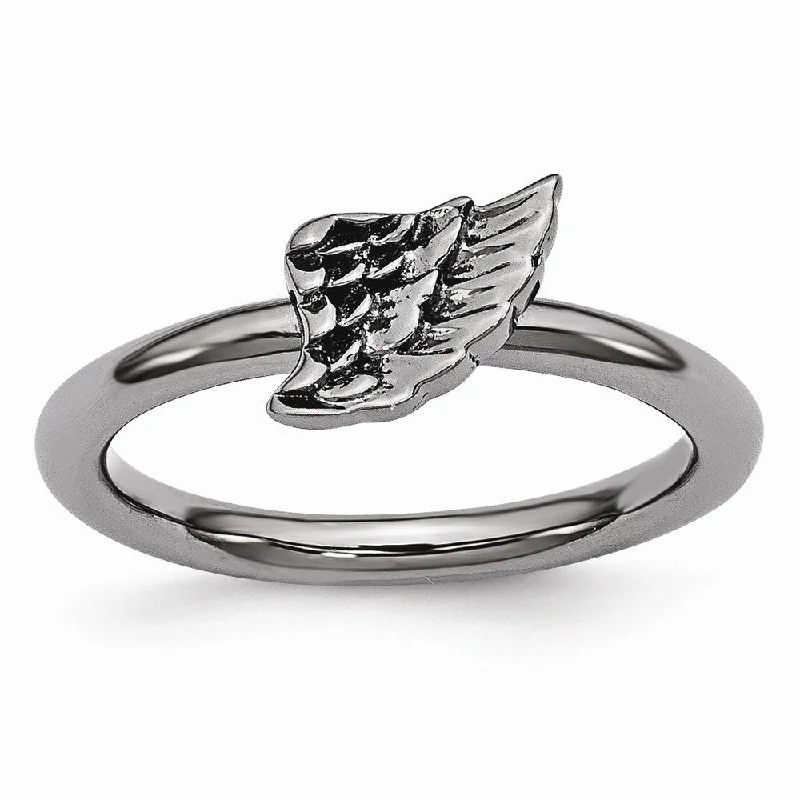 Gemstone Engagement Rings-Black Plated Sterling Silver Stackable 6mm Angel Wing Ring