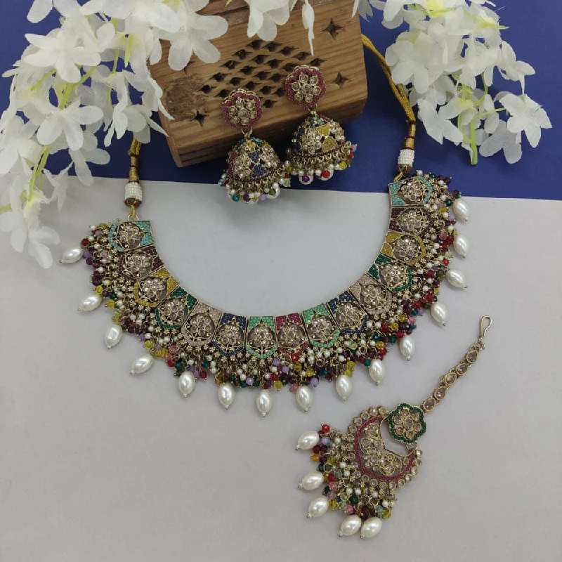 Bohemian Style Necklaces-India Art Gold Plated Crystal Stone And Pearls Necklace Set