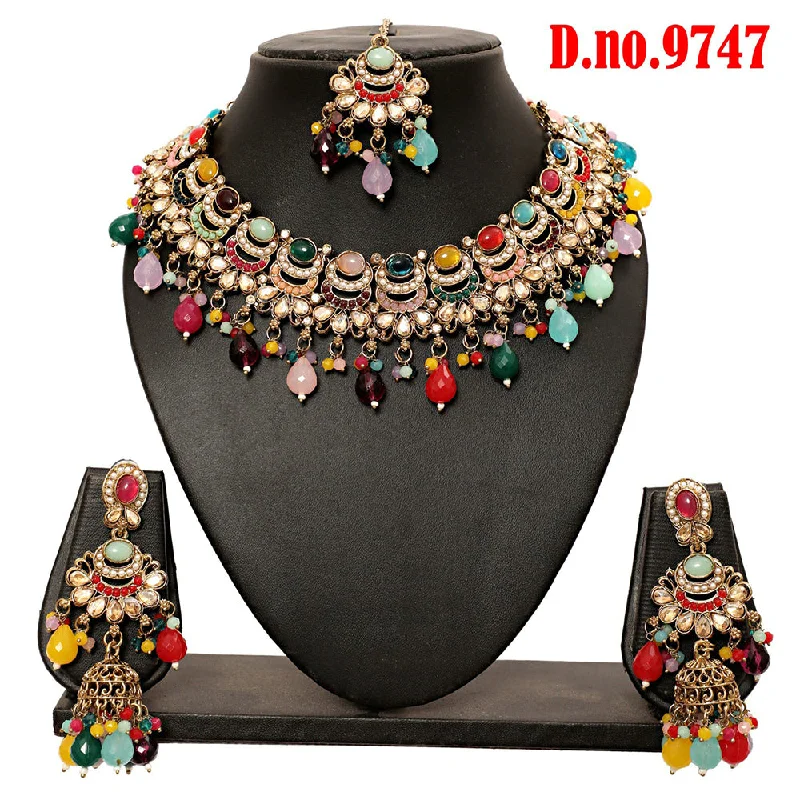 Statement Chain Necklaces-Rudraksh Art Gold Plated Crystal Stone Pearls And Beads Necklace Set