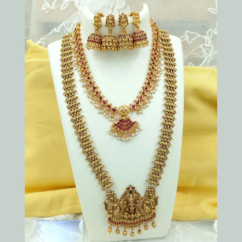 Artistic Silver Necklaces-Joyful Jewel Art Matte Gold Plated Kundan Stone And Temple Double Necklace Set