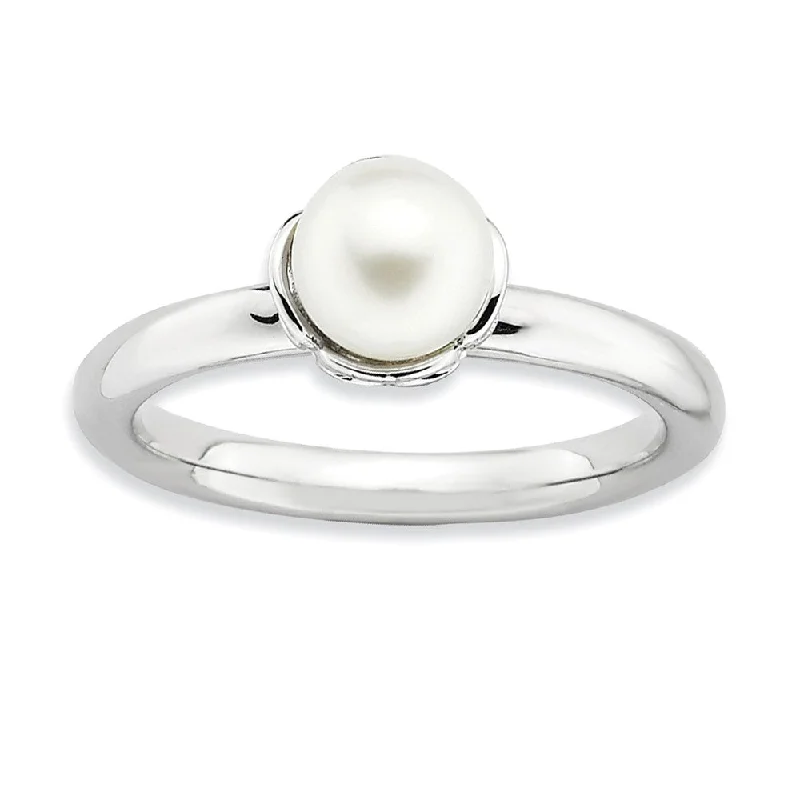 Classic Gemstone Rings-White FW Cultured Pearl & Sterling Silver Stackable Ring (6.0-6.5mm)