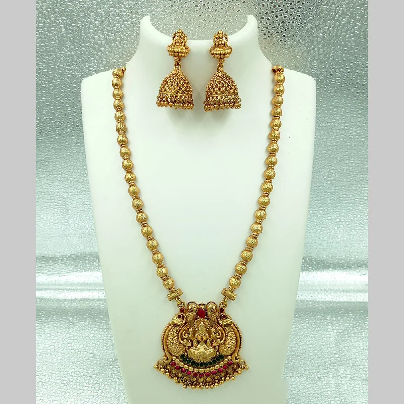 Stylish Necklaces for Brides-Joyful Jewel Art Matte Gold Plated Pota Stone Temple Long Necklace Set