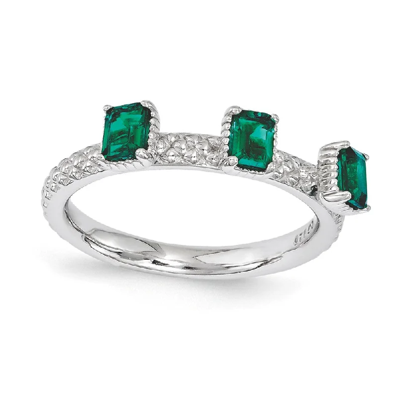 Bold Silver Rings-Sterling Silver Stackable Created Emerald Octagon Three Stone Ring