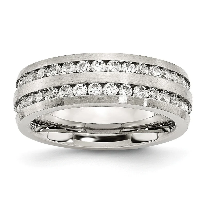 Stylish Adjustable Rings-7mm Stainless Steel And Cubic Zirconia Double Row Band