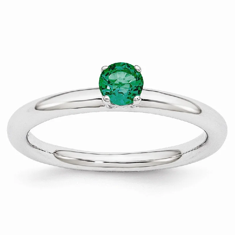 Vintage Diamond Rings-Rhodium Plated Sterling Silver Stackable 4mm Created Emerald Ring