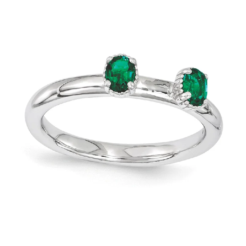 Bold Statement Wedding Rings-Sterling Silver Stackable Created Emerald Oval Two Stone Ring