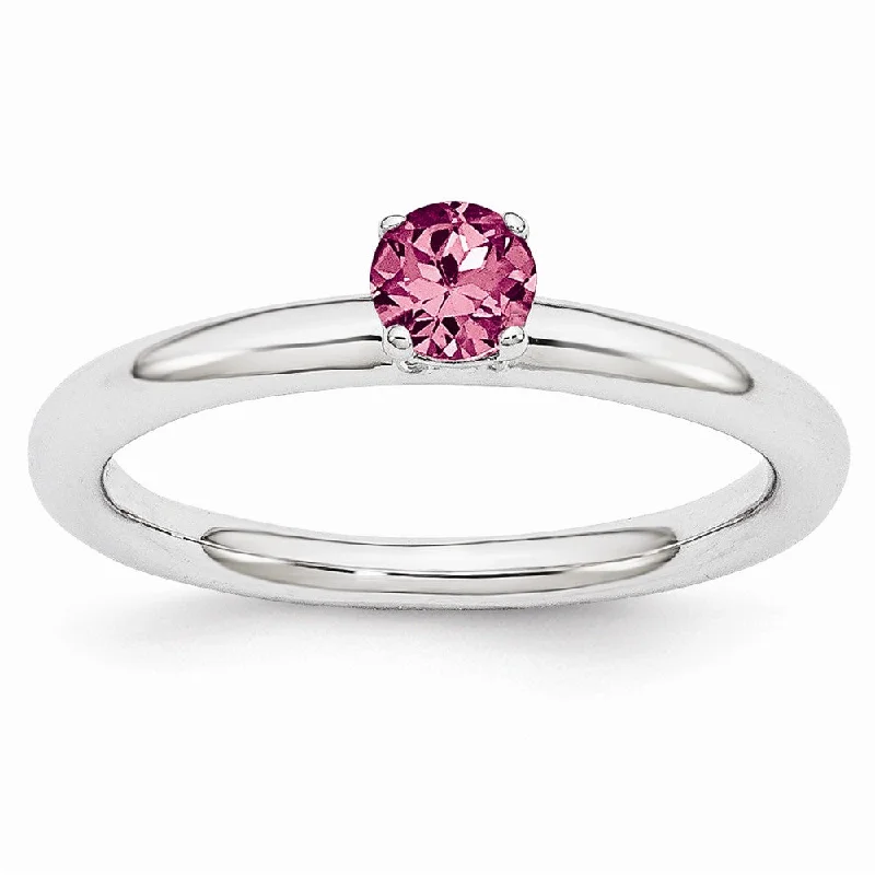 Bridal Engagement Rings-Rhodium Plated Sterling Silver Stackable 4mm Pink Tourmaline Ring