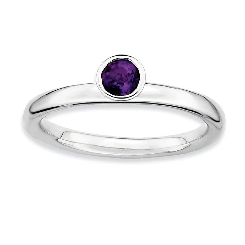 Silver Wedding Bands for Men-Rhodium Plated Sterling Silver High Profile 4mm Amethyst Stack Ring