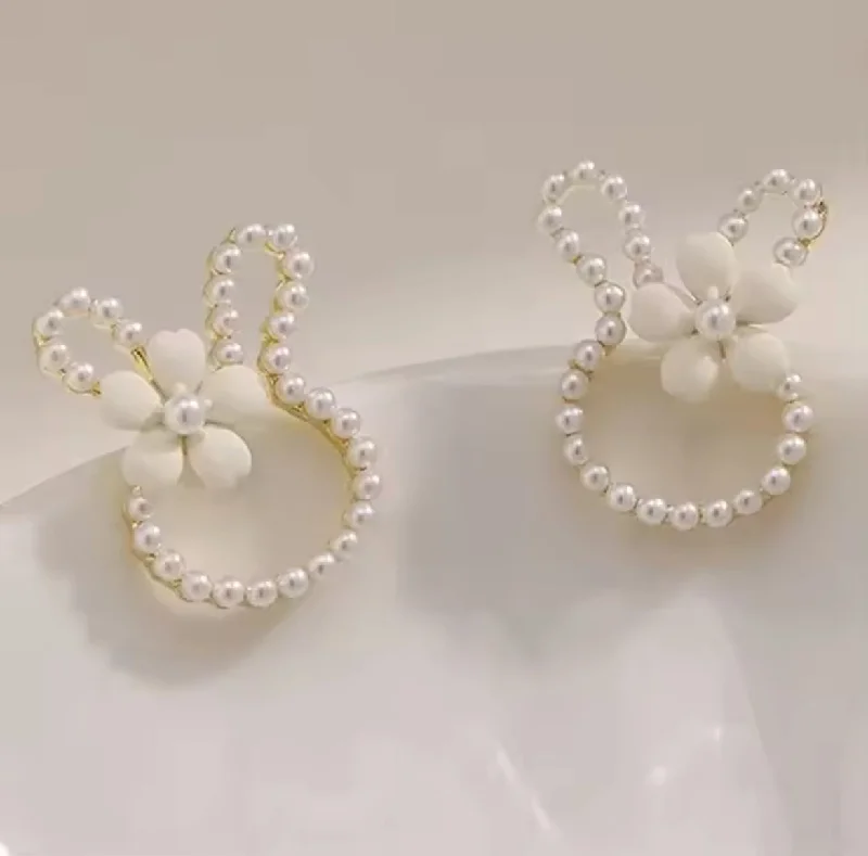 Cute Drop Earrings-Easter Bunny Earrings with Pearls and a White Dainty Flower