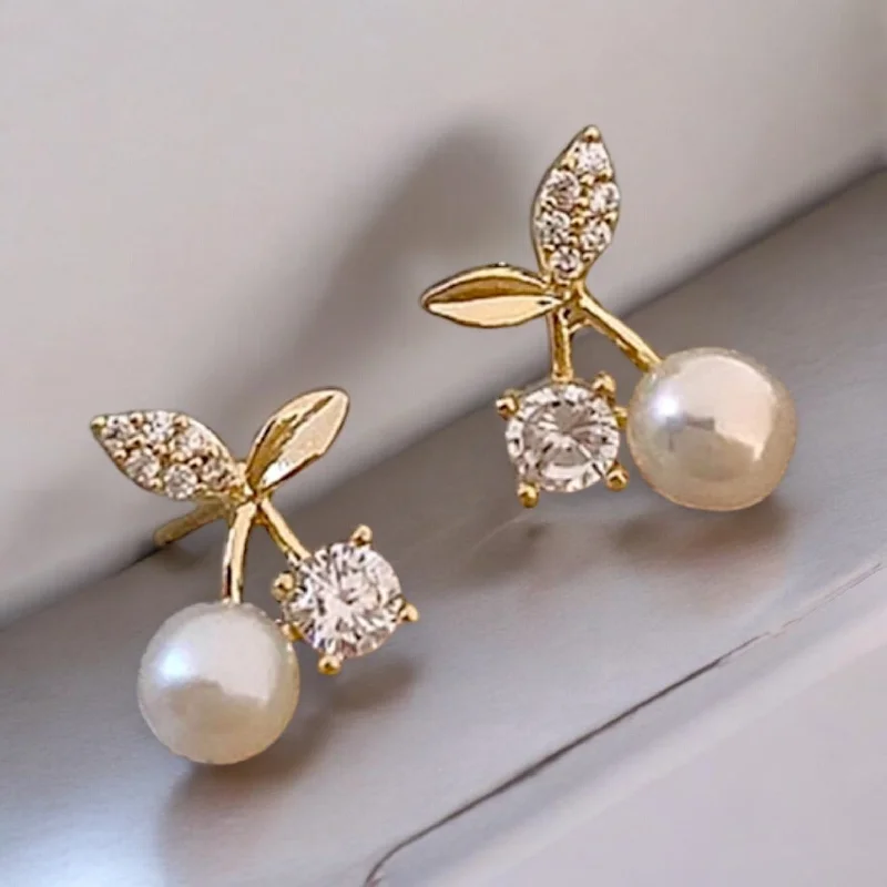 Beautiful Pearl Drop Earrings-Beautiful Rhinestone and Pearl Cherry Earrings