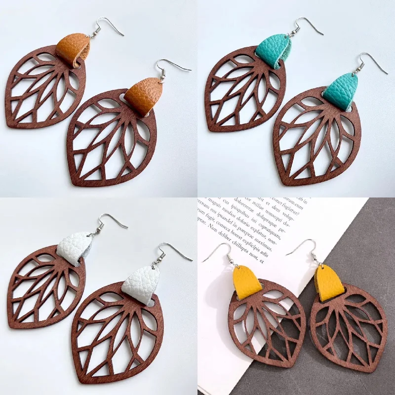 Classic Gold Earrings-Genuine Leather Wrap Cutout Wood Leaf Drop Earrings