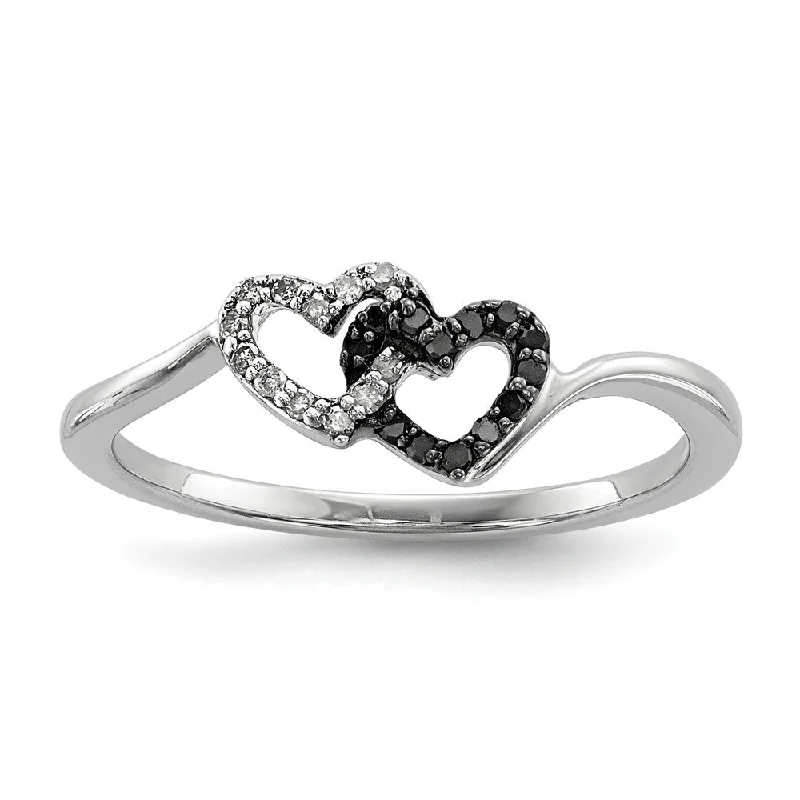 Trendy Engagement Rings-1/10 Ctw White & Black Diamond Double Heart Sterling Silver Ring