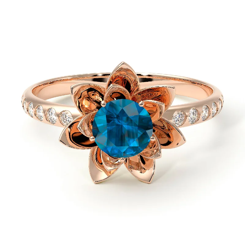 Wedding Ring Bands for Women-Lotus Flower Blue Topaz ring - Lotus no. 502