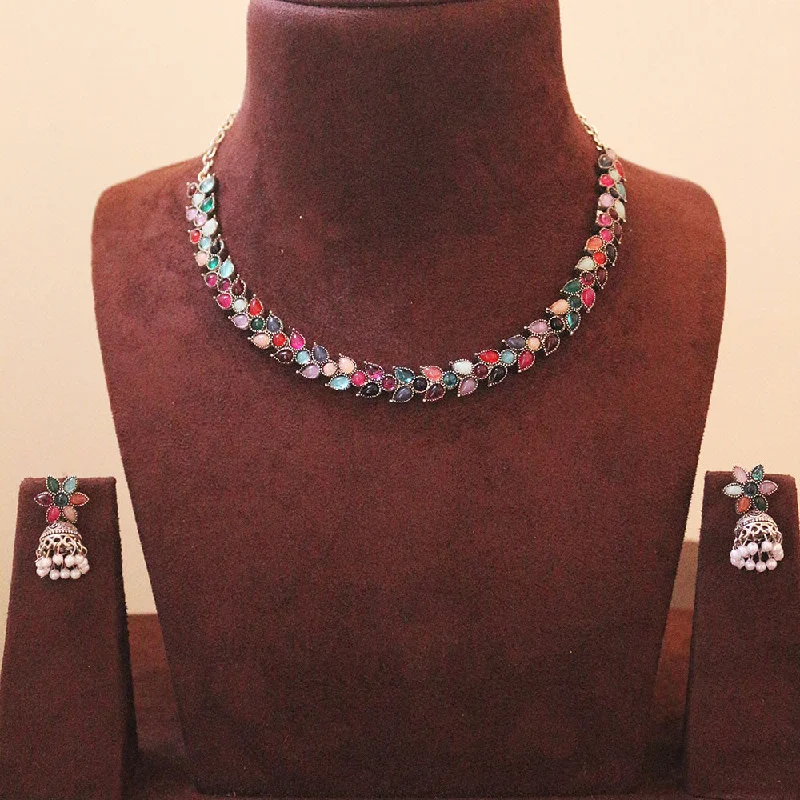 Stylish Statement Necklaces-H K Fashion Oxidised Plated Crystal Stone Necklace Set