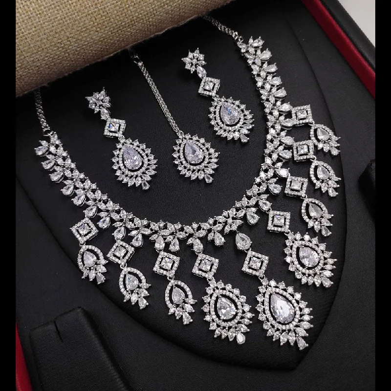 Sparkling Gold Chain Necklaces-Aamrapali Silver Plated American Diamond Necklace Set