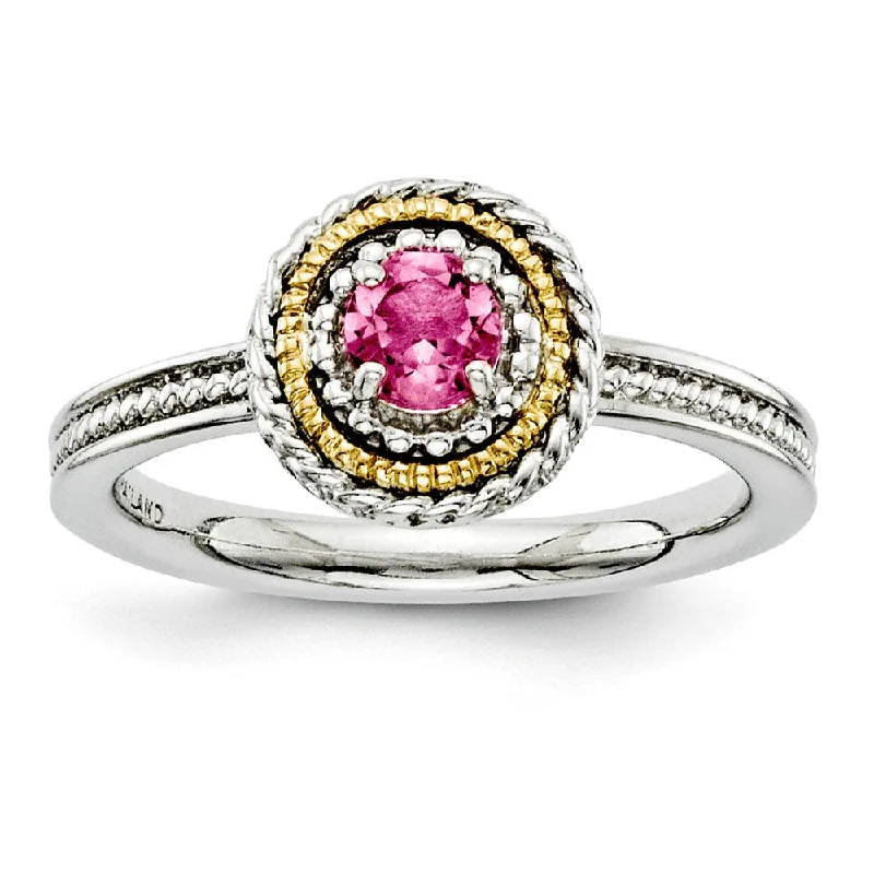 Simple Silver Rings-Sterling Silver & 14K Gold Plated Stackable Pink Tourmaline Ring