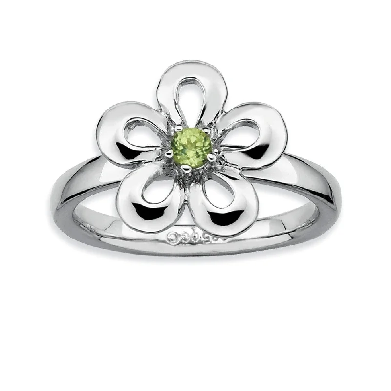 Custom Wedding Sets-Silver Stackable 13mm .12 Carat Peridot Flower Ring