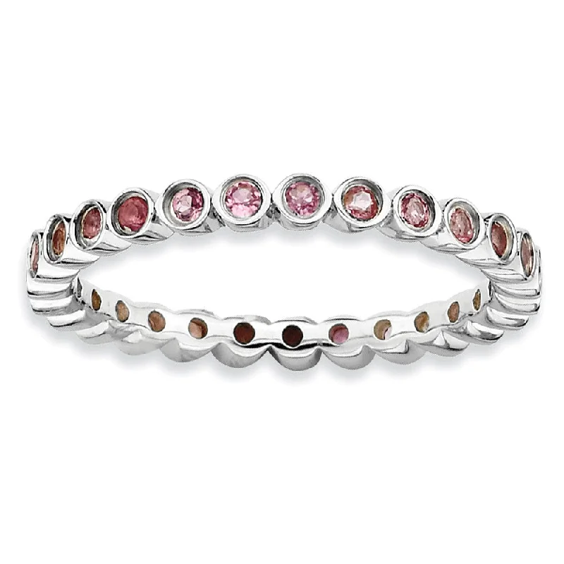 Bold Silver Rings-Sterling Silver Stackable Bezel Set Pink Tourmaline 2.25mm Band