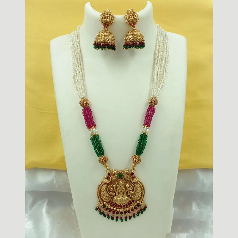 Fashionable Long Pendant Necklaces-FS Collection Gold Plated Pota Stone And Pearl Temple Necklace Set