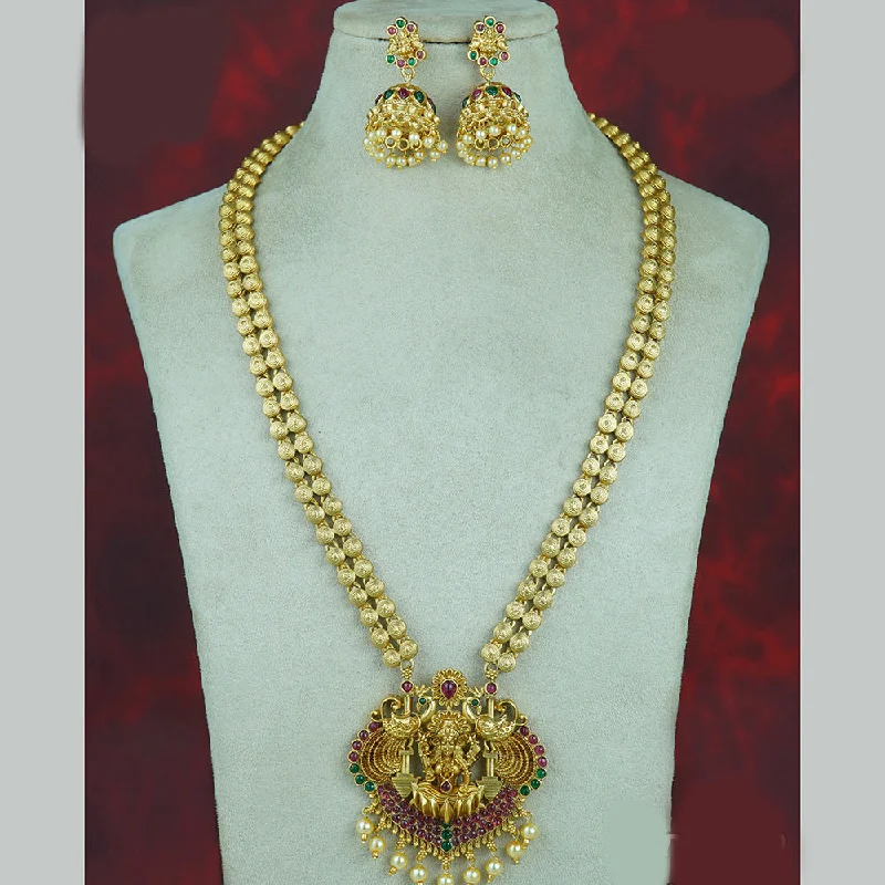 Romantic Gold Necklaces-Diksha Collection Gold Plated Pota Stone Temple Long Necklace Set