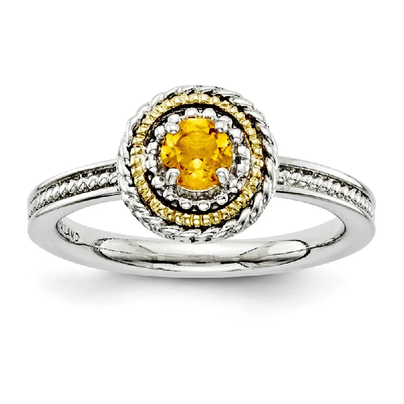 Handcrafted Wedding Bands-Sterling Silver & 14K Gold Plated Stackable Citrine Ring