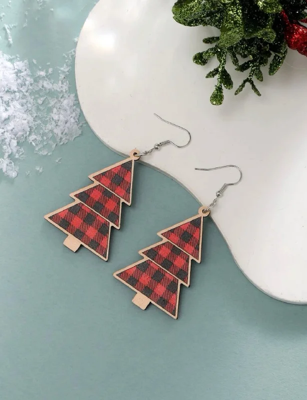 Fashionable Hoop Earrings-Wooden Red Plaid Christmas Tree Earrings