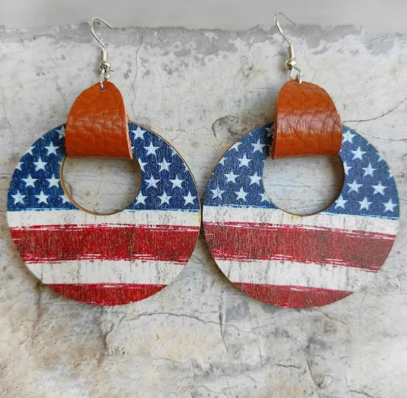 Ethnic Style Earrings-Leather Wrapped Round Wooden American Flag Earrings