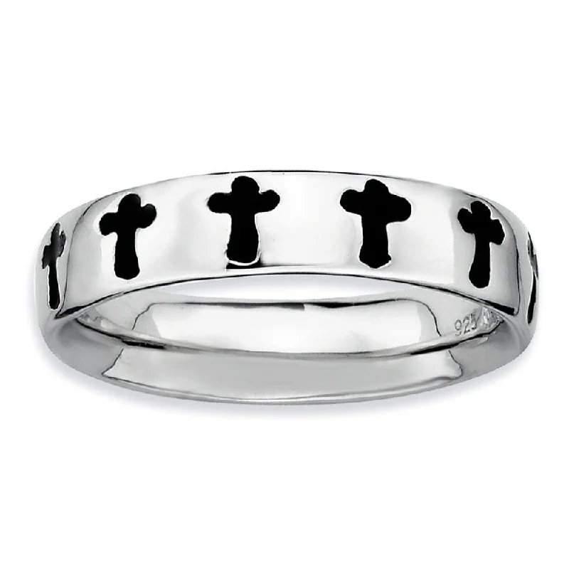 Handcrafted Engagement Rings-Rhodium Plated Sterling Silver, Black Enameled Stackable Cross Band