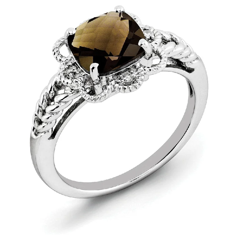 Unique Gemstone Wedding Rings-Smoky Quartz & .04 Ctw Diamond Scalloped Sterling Silver Ring