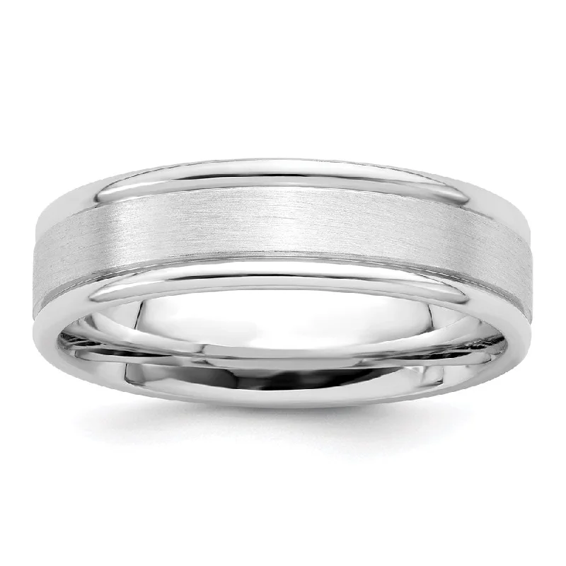 Stylish Gemstone Wedding Bands-6mm Rhodium Plated Sterling Silver Brushed Flat Grooved Edge Band