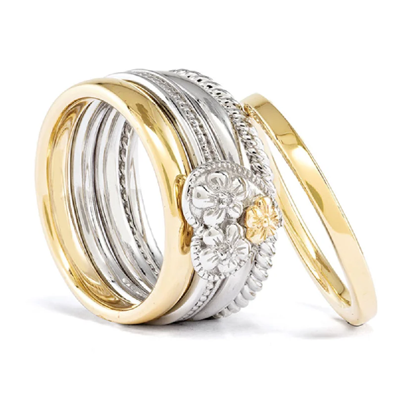 Elegant Engagement Rings-Sterling Silver & 14K Gold Plated Diamond Floral Heart Stack Ring Set