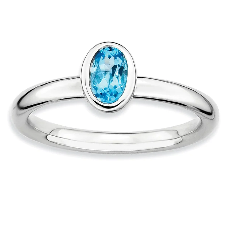 Elegant Diamond Wedding Bands-Sterling Silver Stackable Oval Blue Topaz Solitaire Ring