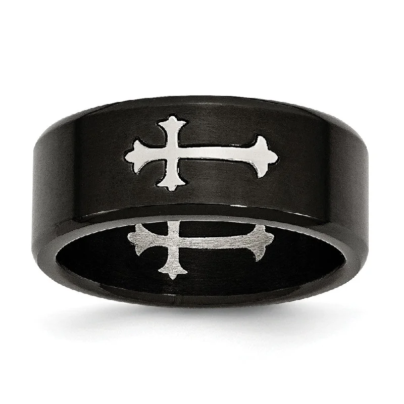 Trendy Silver Rings-8mm Black-plated Stainless Steel Fleur-de-lis Cross Band