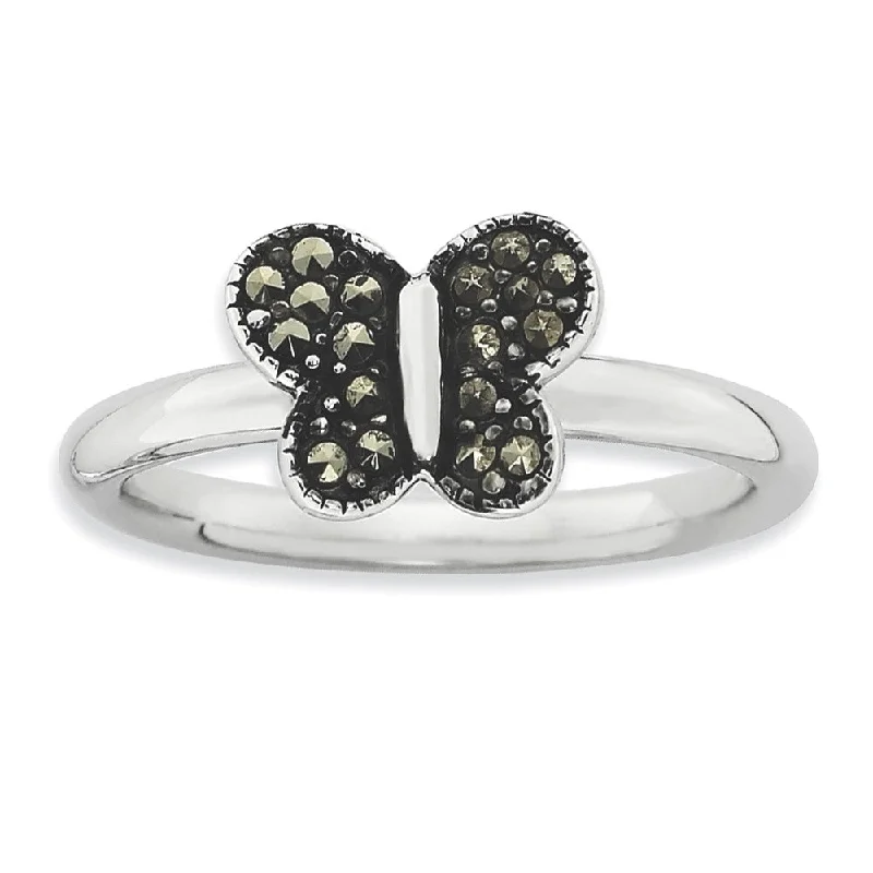 Unique Diamond Rings-2.25mm Sterling Silver Stackable Marcasite Butterfly Ring