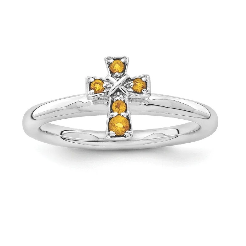 Antique Style Wedding Rings-Rhodium Plated Sterling Silver Stackable Citrine 9mm Cross Ring