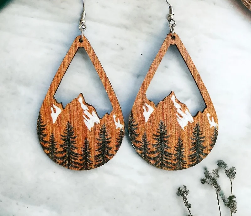 Elegant Stud Earrings-Snowy Mountain Forest Wooden Earrings