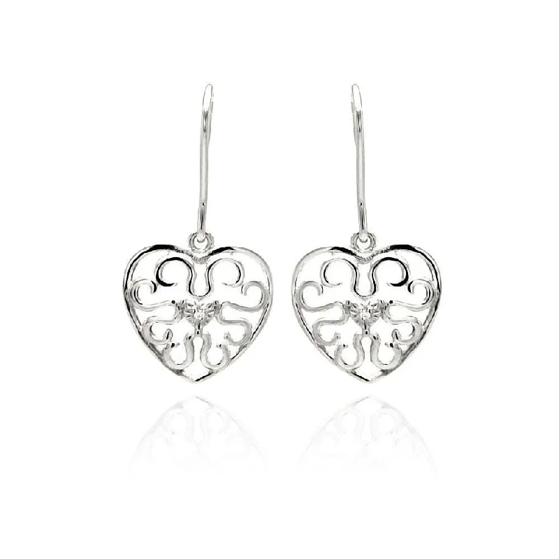 Unique Wedding Earrings-Silver 925 Rhodium Plated Small Round CZ Heart Filigree Dangling Earrings - STE00889