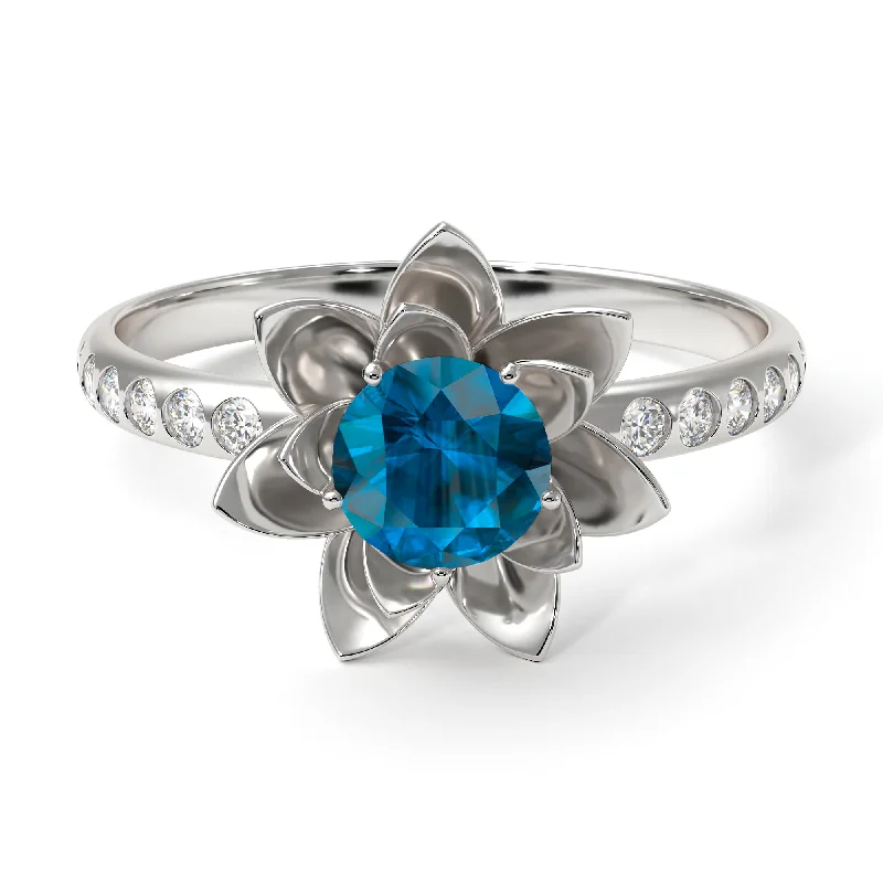 Affordable Diamond Rings-Lotus Flower Blue Topaz ring - Lotus no. 503