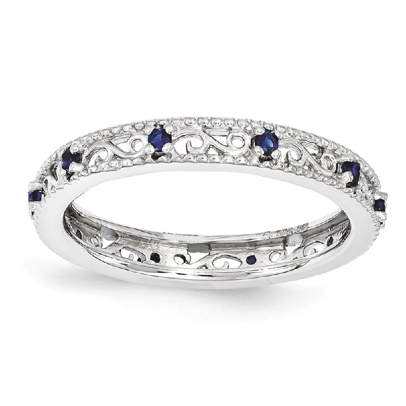 Custom Gold Rings-3mm Sterling Silver Stackable Expressions Created Sapphire Scroll Band